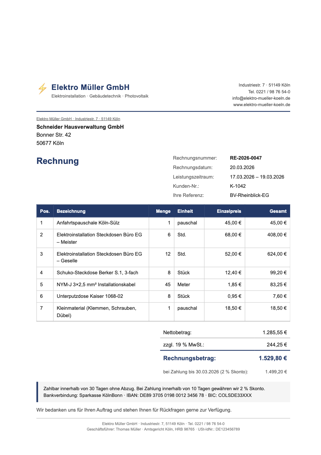 Beispielrechnung Elektro Müller GmbH – RE-2026-0047 über 1.529,80 €