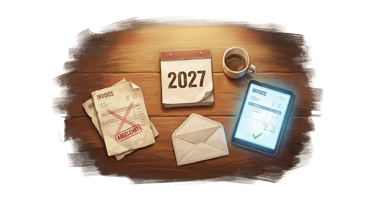 Schreibtisch von oben mit 2027-Kalender, abgelehnten Papierrechnungen mit rotem Stempel, offenem Briefumschlag und Tablet mit digitaler E-Rechnung und gruenem Haekchen