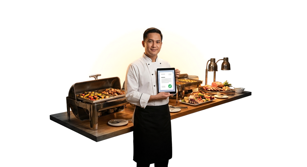 Caterer in weißer Kochjacke zeigt ein Tablet mit einer bestätigten E-Rechnung, im Hintergrund ein professionell angerichtetes Buffet für eine Firmenveranstaltung