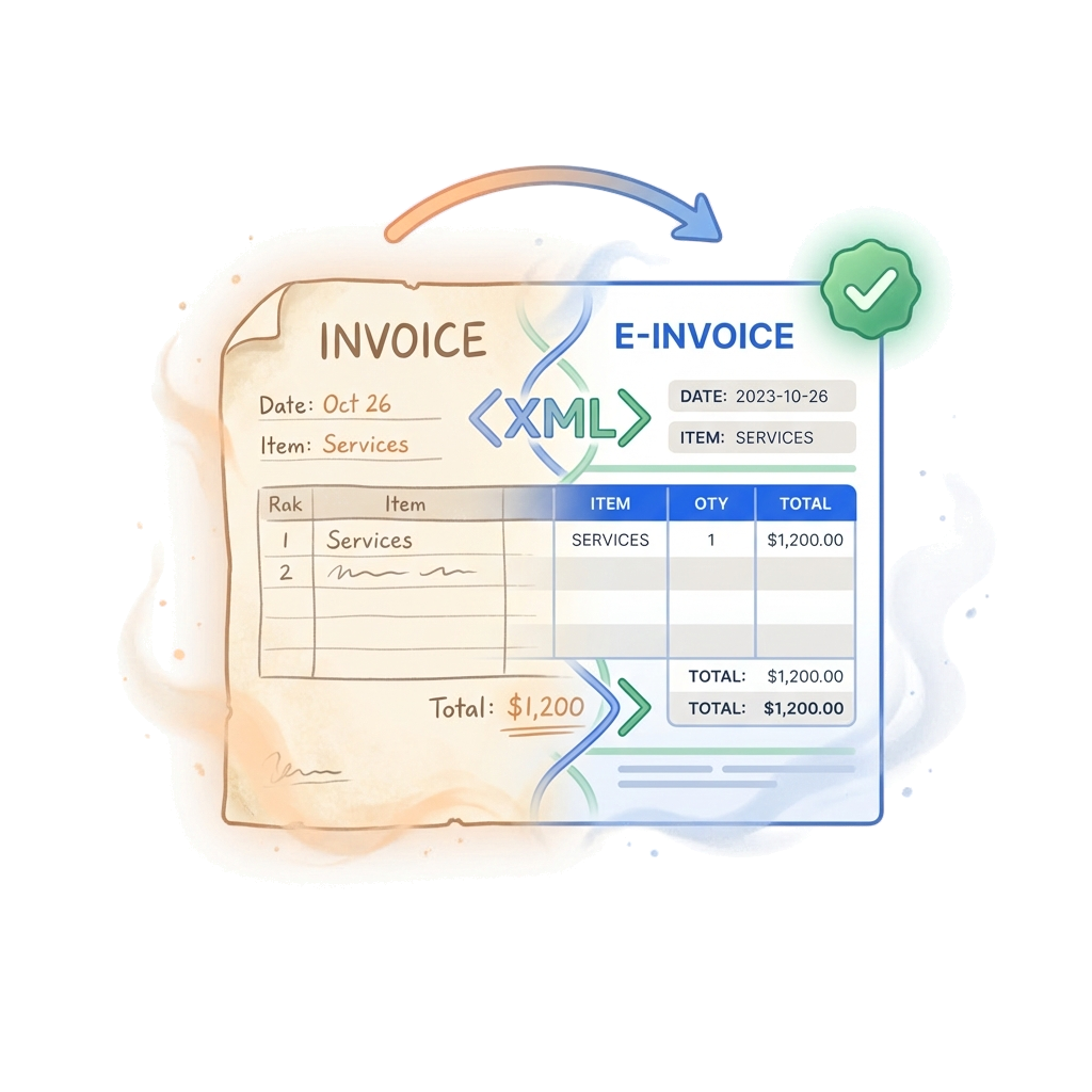 Illustration einer Papierrechnung, die sich in eine strukturierte digitale E-Rechnung mit XML-Daten und gruenem Haekchen verwandelt