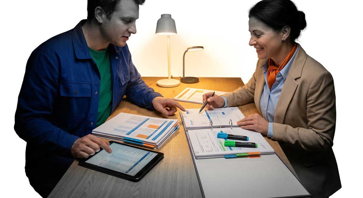 Ein Handwerker in blauer Arbeitskleidung und eine Steuerberaterin in beigem Blazer sitzen gemeinsam an einem Schreibtisch mit Dokumentenordnern, Tablet und Unterlagen, besprechen Rechnungsunterlagen unter warmer Schreibtischlampe