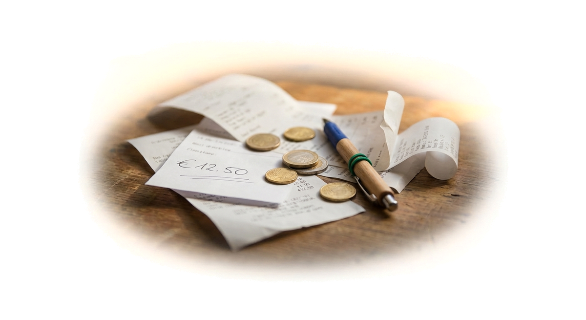 Kassenbon-Quittungen mit Euro-Münzen und Kugelschreiber auf einem Holztisch – typische Kleinbetragsbelege aus dem Geschäftsalltag