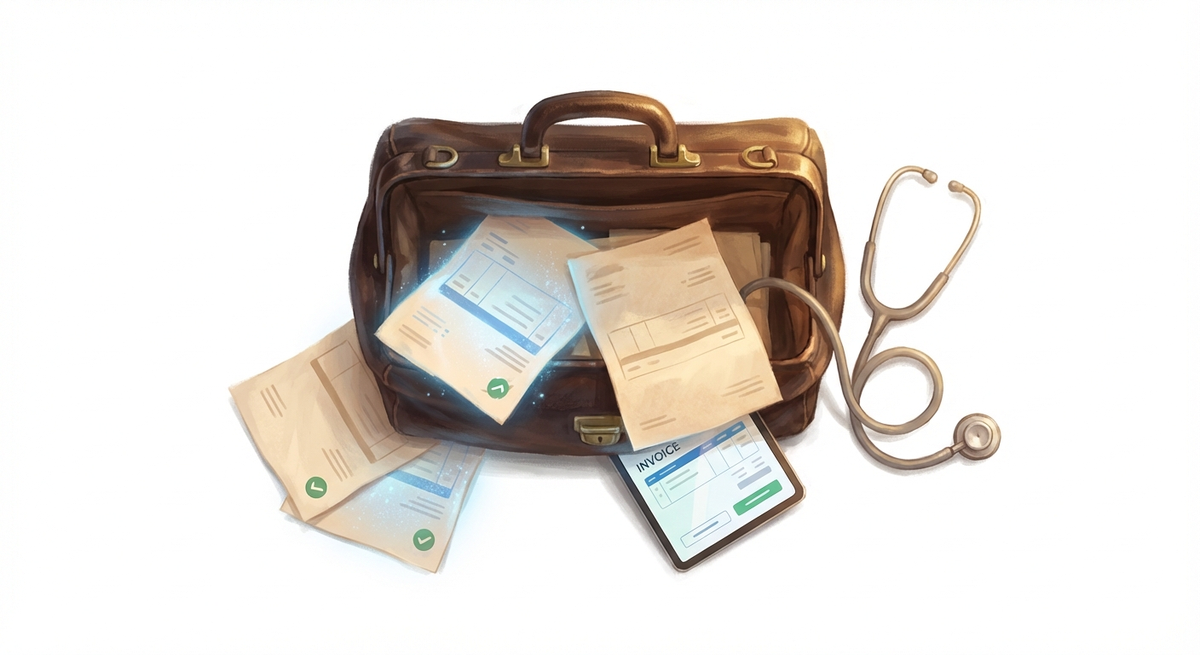 Offene Pflegetasche von oben mit Dokumenten, Tablet und Stethoskop – einige Rechnungen leuchten blau-digital als E-Rechnungen, andere bleiben als klassisches Papier