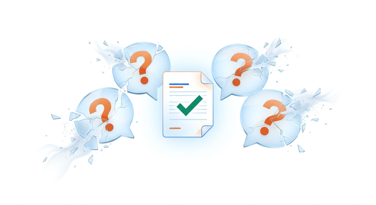 Illustration: Gläserne Sprechblasen mit Fragezeichen zerbrechen um ein korrektes E-Rechnungsdokument – Mythen zur E-Rechnungspflicht werden aufgeklärt