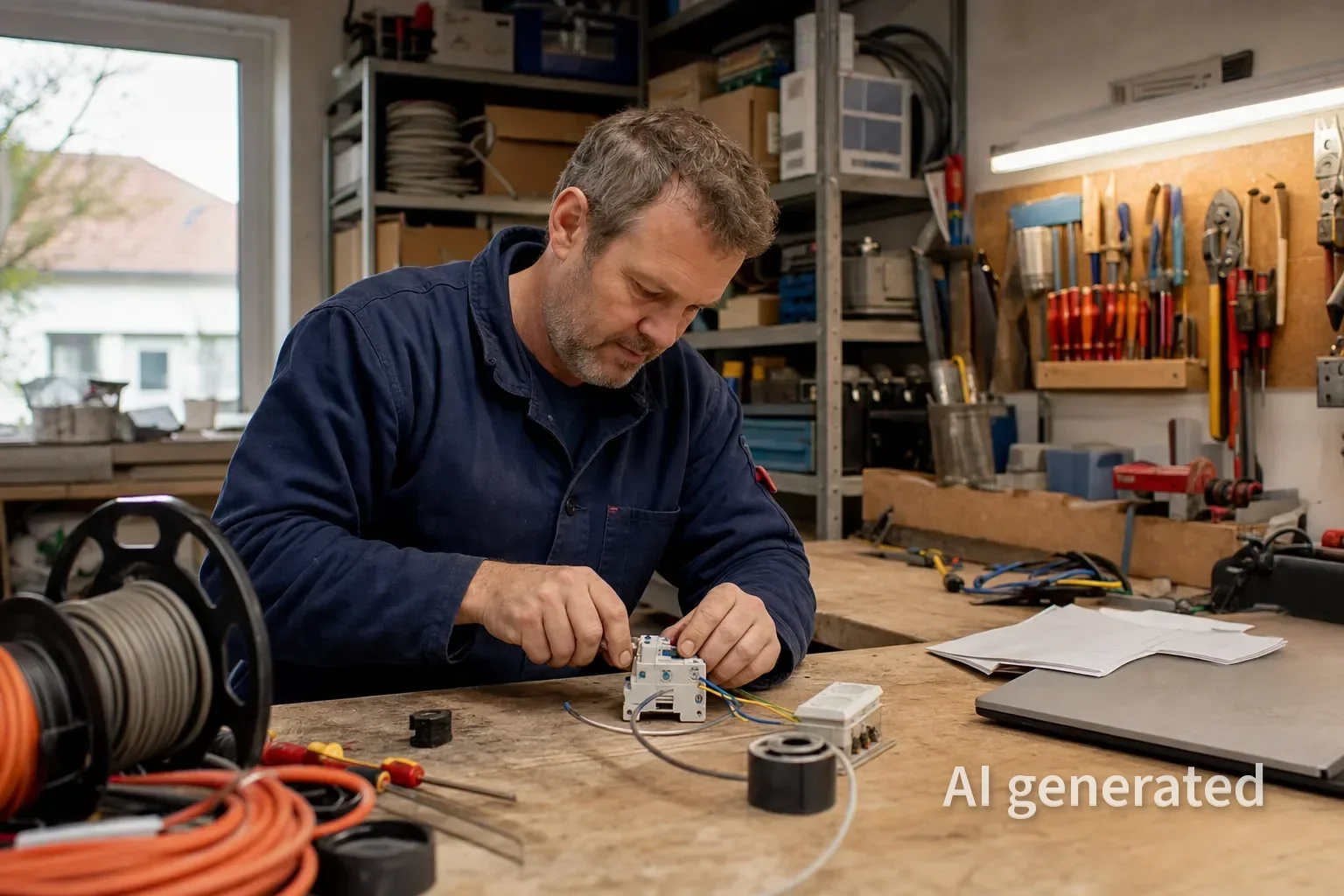 Mann in dunkelblauer Arbeitskleidung repariert ein elektrisches Bauteil zwischen Werkzeugen und Kabelrollen.