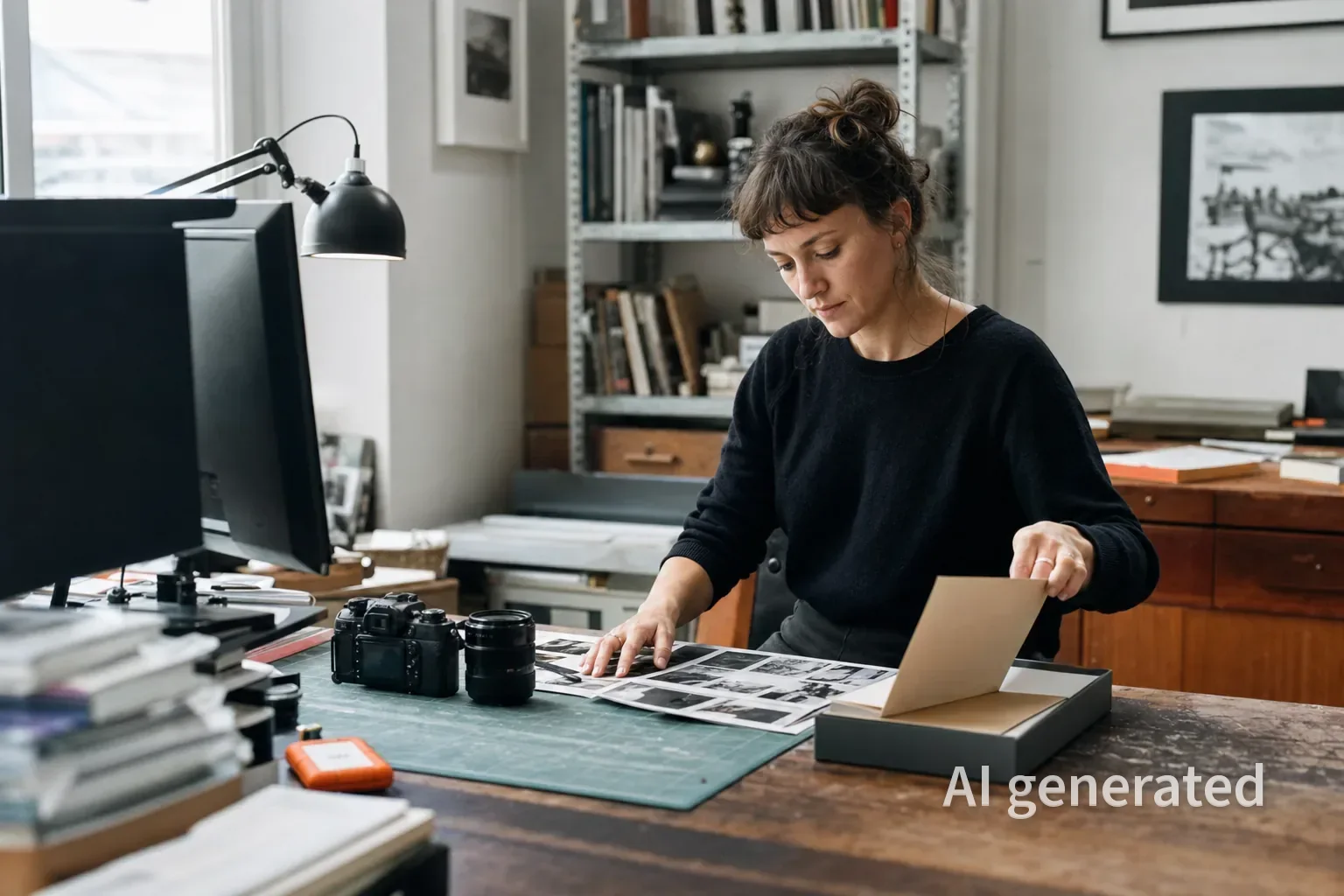 Frau sortiert fotografische Kontaktbögen am Arbeitstisch neben Kamera, Objektiven und offener Archivbox.