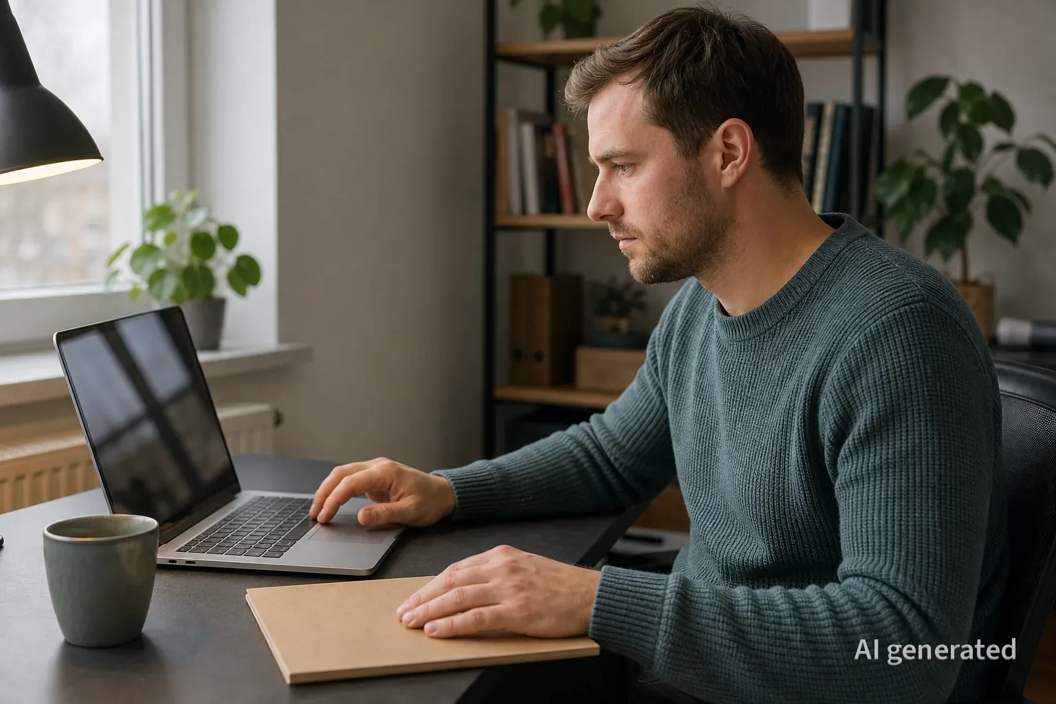 Junger Mann sitzt am Laptop mit dunklem, spiegelndem Bildschirm, Hände auf Trackpad und geschlossenem Ordner.